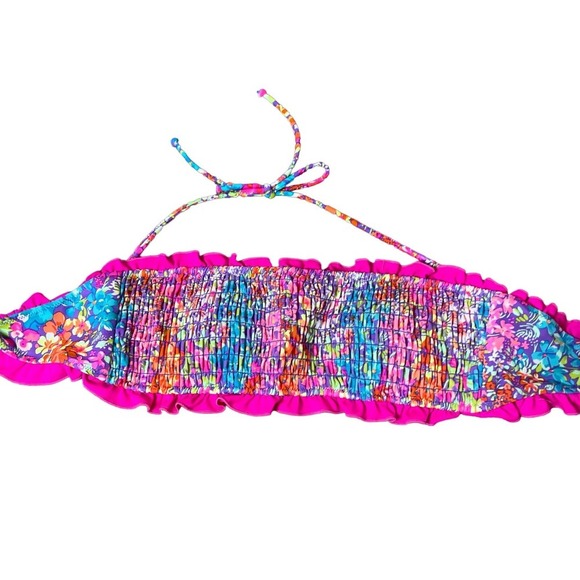 Victoria's Secret ruched bandeau bikini top removeable neck straps pink floral M - Picture 2 of 6